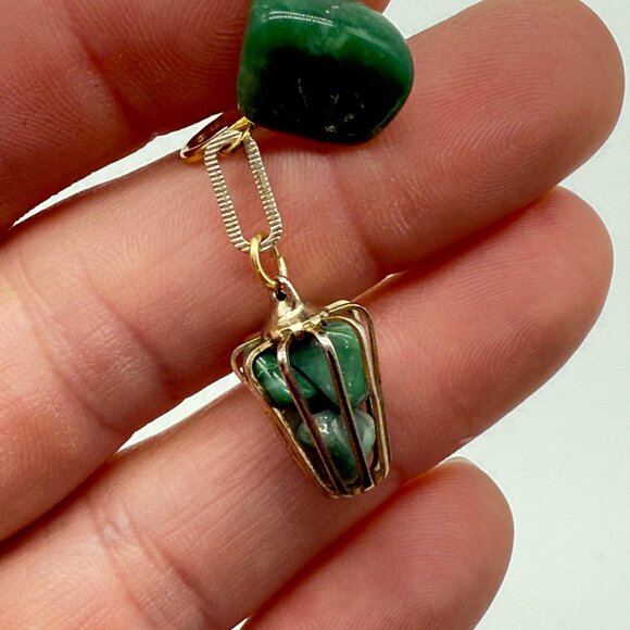 Vintage Gold-Tone Green Stone Clip-On Earrings With Dangling Cage Design - Picture 6 of 8